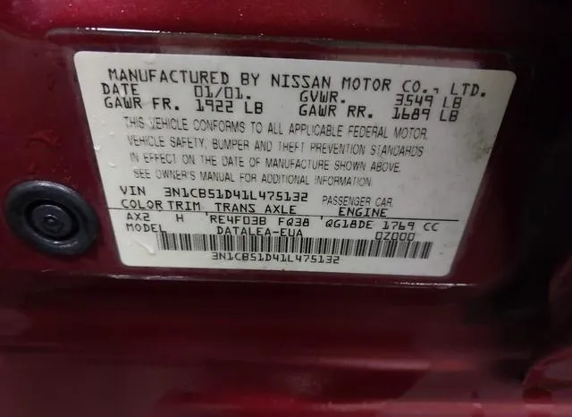 3N1CB51D41L475132 2001 2001 Nissan Sentra- Gxe 9