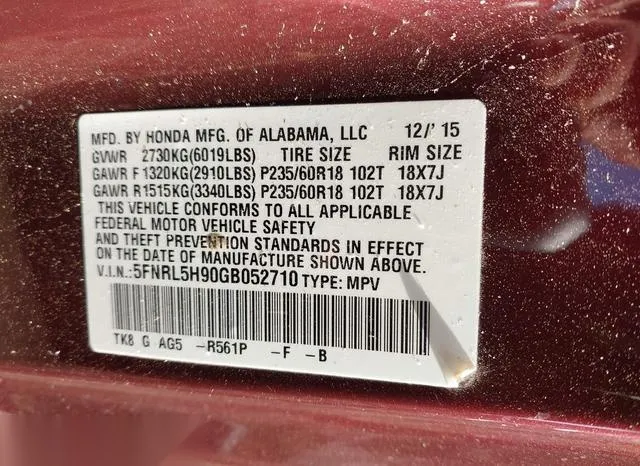 5FNRL5H90GB052710 2016 2016 Honda Odyssey- Touring/Touring 9