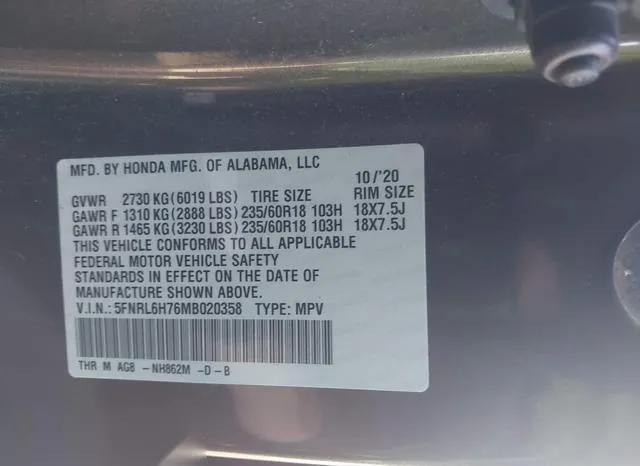 5FNRL6H76MB020358 2021 2021 Honda Odyssey- Ex-L 9