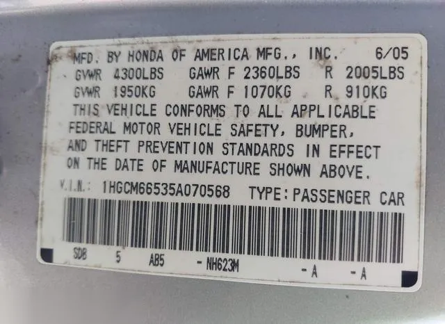 1HGCM66535A070568 2005 2005 Honda Accord- 3-0 EX 9