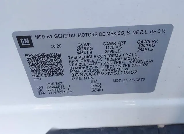 3GNAXKEV7MS110257 2021 2021 Chevrolet Equinox- Fwd Lt 9