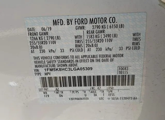 1FM5K8HC3LGA05309 2020 2020 Ford Explorer- Platinum 9