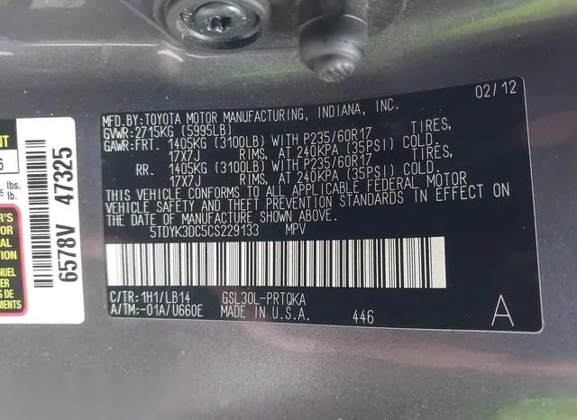 5TDYK3DC5CS229133 2012 2012 Toyota Sienna- Xle V6 8 Passenger 9