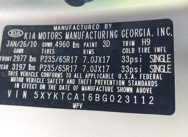 5XYKTCA16BG023112 2011 2011 KIA Sorento- LX 9