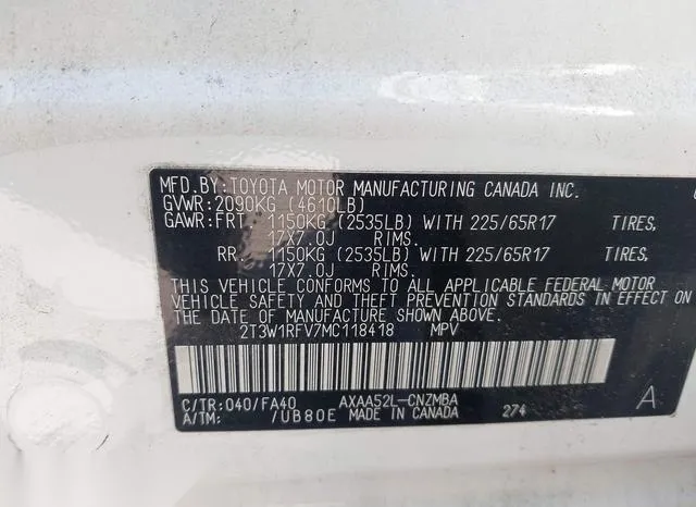 2T3W1RFV7MC118418 2021 2021 Toyota RAV4- Xle 9