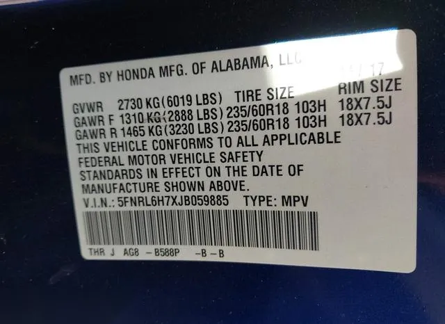 5FNRL6H7XJB059885 2018 2018 Honda Odyssey- Ex-L 9