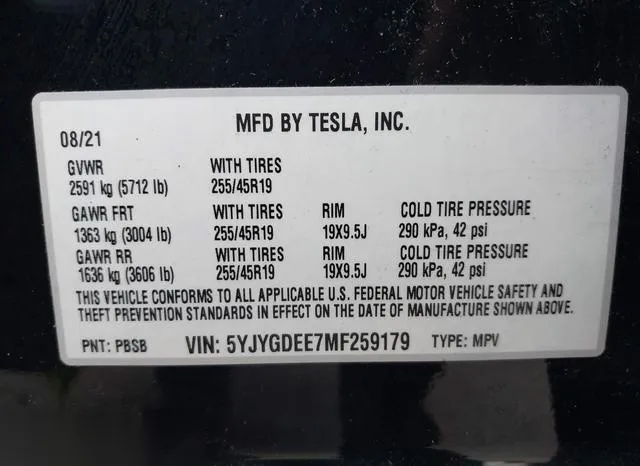 5YJYGDEE7MF259179 2021 2021 Tesla Model Y- Long Range Dual 9