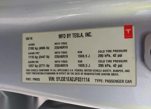 5YJ3E1EA2JF031114 2018 2018 Tesla Model 3 9