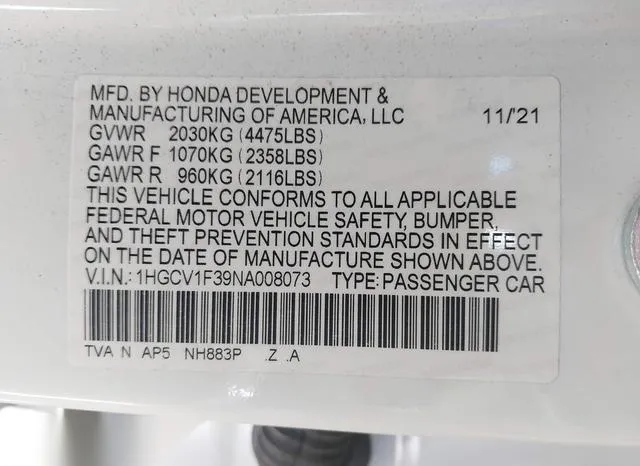 1HGCV1F39NA008073 2022 2022 Honda Accord- Sport 9