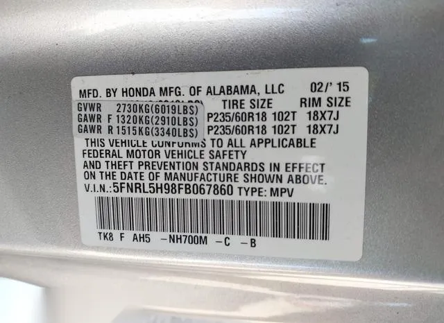 5FNRL5H98FB067860 2015 2015 Honda Odyssey- Touring/Touring 9