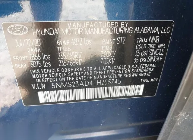 5NMS23AD4LH255745 2020 2020 Hyundai Santa Fe- SE 9