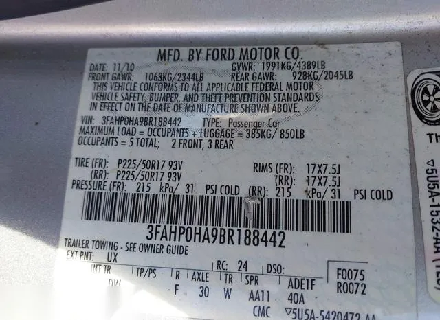 3FAHP0HA9BR188442 2011 2011 Ford Fusion- SE 9