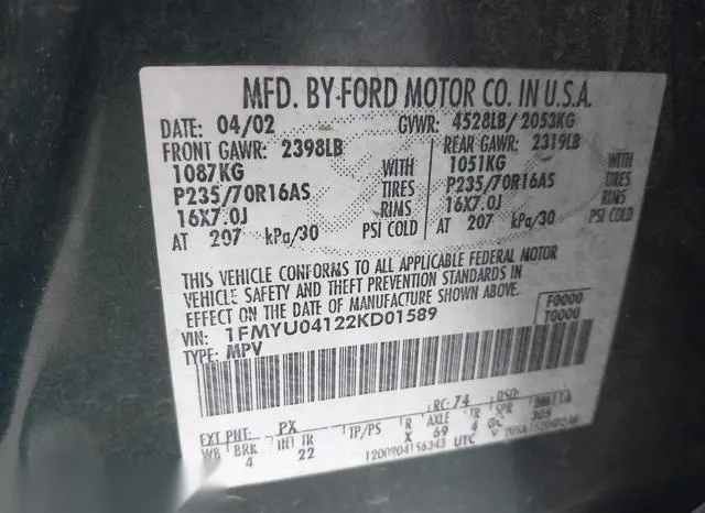 1FMYU04122KD01589 2002 2002 Ford Escape- Xlt 9