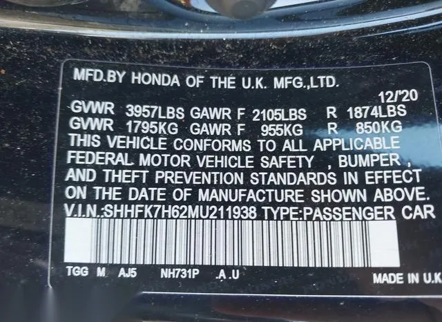 SHHFK7H62MU211938 2021 2021 Honda Civic- EX 9