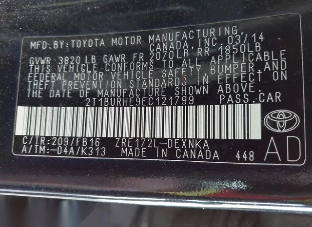 2T1BURHE9EC121799 2014 2014 Toyota Corolla- LE 9