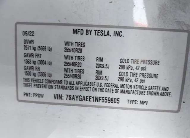 7SAYGAEE1NF559805 2022 2022 Tesla Model Y- Long Range Dual 9