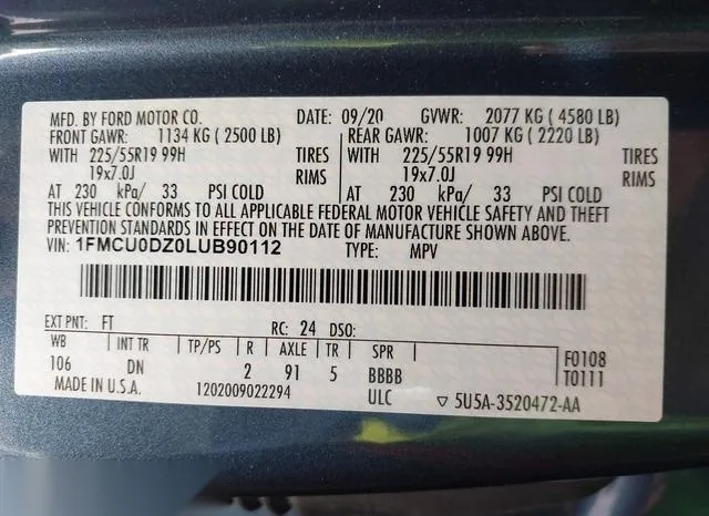 1FMCU0DZ0LUB90112 2020 2020 Ford Escape- Titanium Hybrid 9