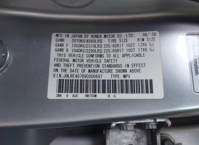 JHLRE48789C000697 2009 2009 Honda CR-V- Ex-L 9