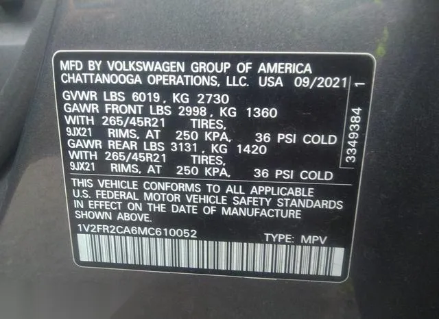 1V2FR2CA6MC610052 2021 2021 Volkswagen Atlas- 3-6L V6 Sel P 9