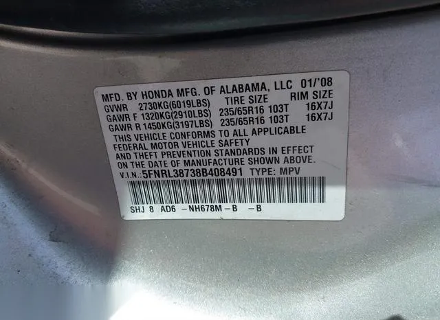 5FNRL38738B408491 2008 2008 Honda Odyssey- Ex-L 9