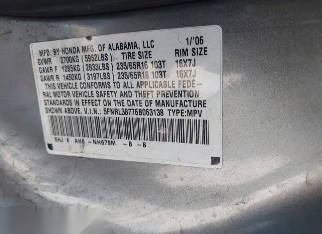 5FNRL38776B063138 2006 2006 Honda Odyssey- Ex-L 9