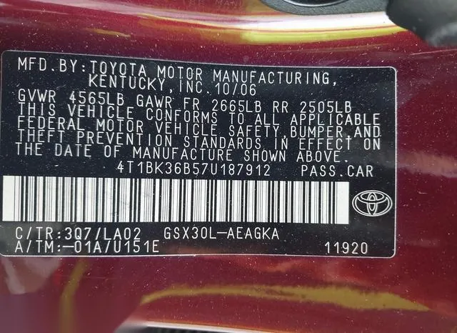 4T1BK36B57U187912 2007 2007 Toyota Avalon- Xls 9