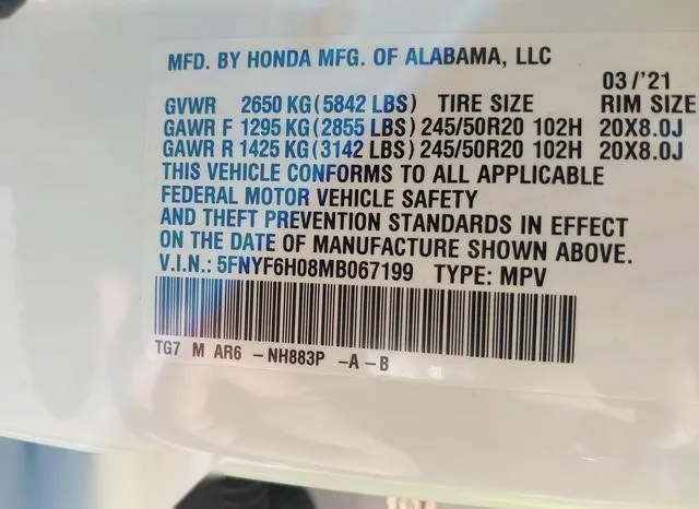 5FNYF6H08MB067199 2021 2021 Honda Pilot- Awd Elite 9