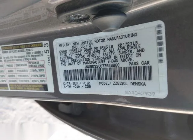 1NXBR32E07Z926860 2007 2007 Toyota Corolla- S 9