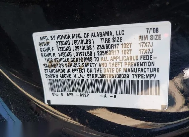 5FNRL38978B106039 2008 2008 Honda Odyssey- Touring 9