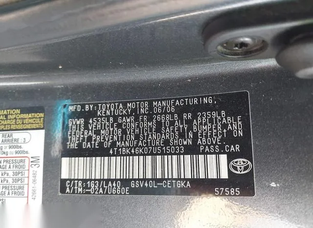 4T1BK46K07U515033 2007 2007 Toyota Camry- Xle V6 9