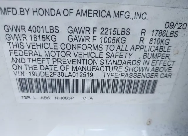 19UDE2F30LA012519 2020 2020 Acura ILX- Standard 9