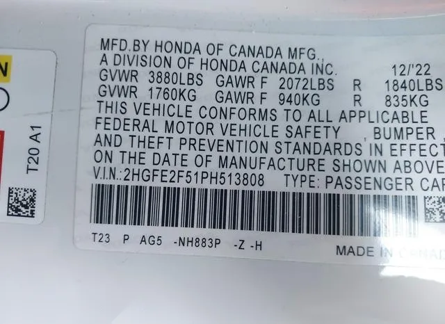 2HGFE2F51PH513808 2023 2023 Honda Civic- Sport 9