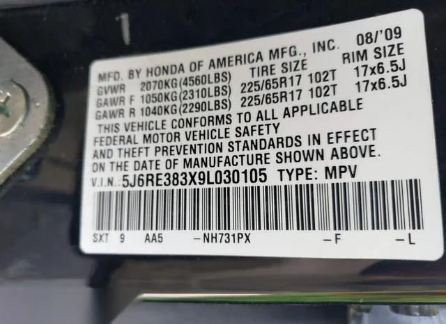 5J6RE383X9L030105 2009 2009 Honda CR-V- LX 9