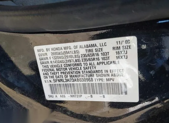 5FNRL3H73AB030968 2010 2010 Honda Odyssey- Ex-L 9