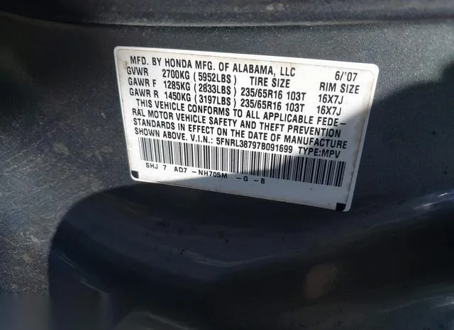 5FNRL38797B091699 2007 2007 Honda Odyssey- Ex-L 9