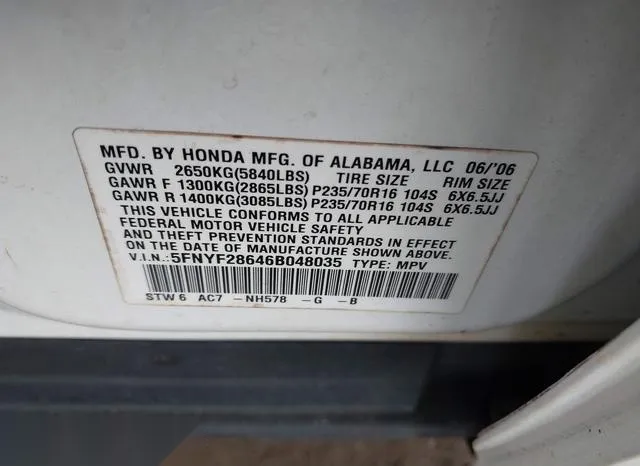 5FNYF28646B048035 2006 2006 Honda Pilot- Ex-L 9