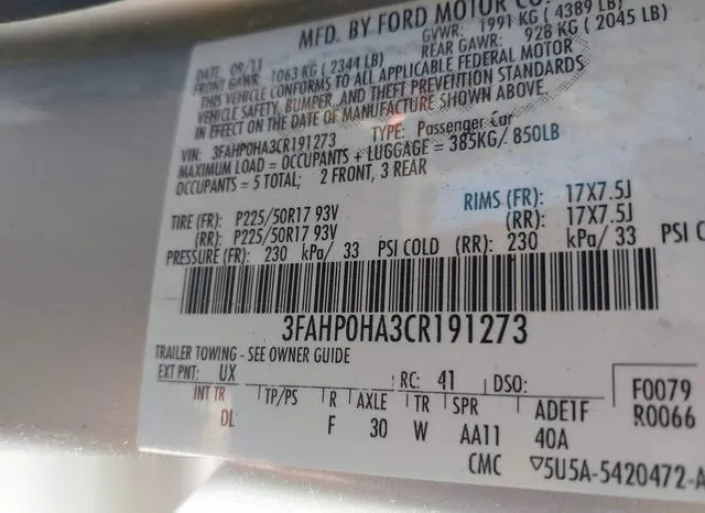 3FAHP0HA3CR191273 2012 2012 Ford Fusion- SE 9