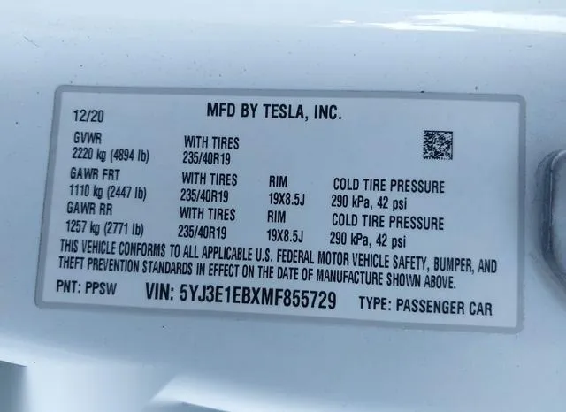 5YJ3E1EBXMF855729 2021 2021 Tesla Model 3- Long Range Dual 9