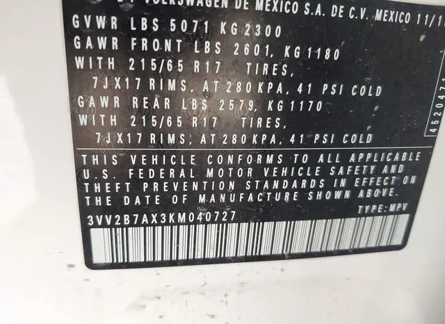 3VV2B7AX3KM040727 2019 2019 Volkswagen Tiguan- 2-0T Se/2-0T 9