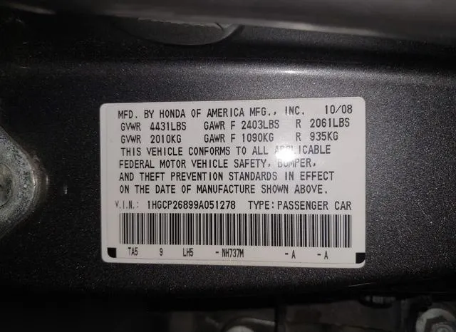 1HGCP26899A051278 2009 2009 Honda Accord- 2-4 Ex-L 9