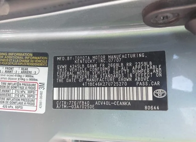 4T1BE46K27U725270 2007 2007 Toyota Camry- LE 9