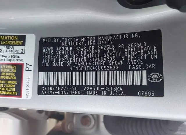 4T1BF1FK4CU092633 2012 2012 Toyota Camry- SE 9