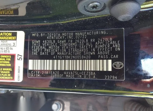 4T1G11BK2NU059420 2022 2022 Toyota Camry- Se Awd 9