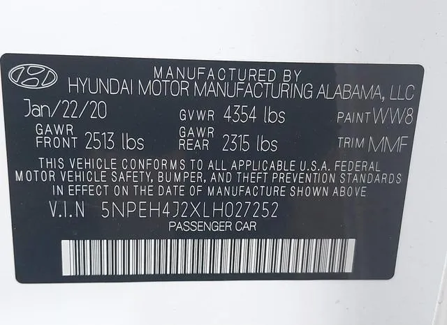 5NPEH4J2XLH027252 2020 2020 Hyundai Sonata- Limited 9