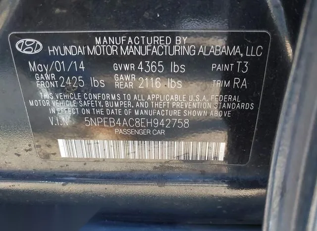 5NPEB4AC8EH942758 2014 2014 Hyundai Sonata- Gls 9