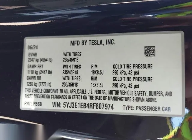 5YJ3E1EB4RF807974 2024 2024 Tesla Model 3- Long Range Dual 8