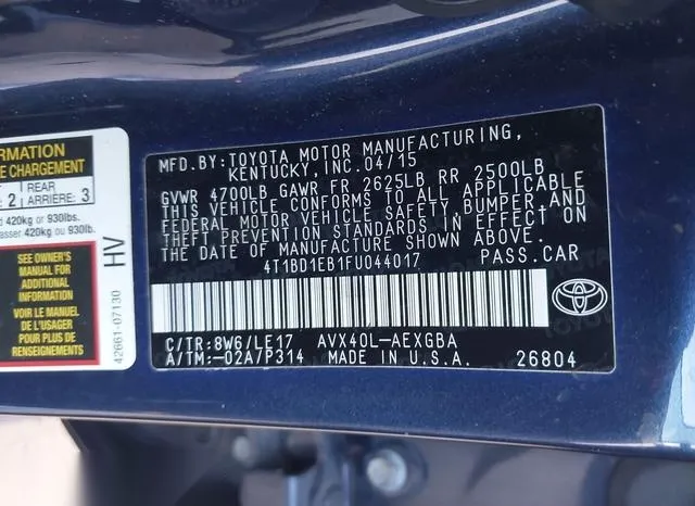 4T1BD1EB1FU044017 2015 2015 Toyota Avalon- Hybrid Xle Touring 9