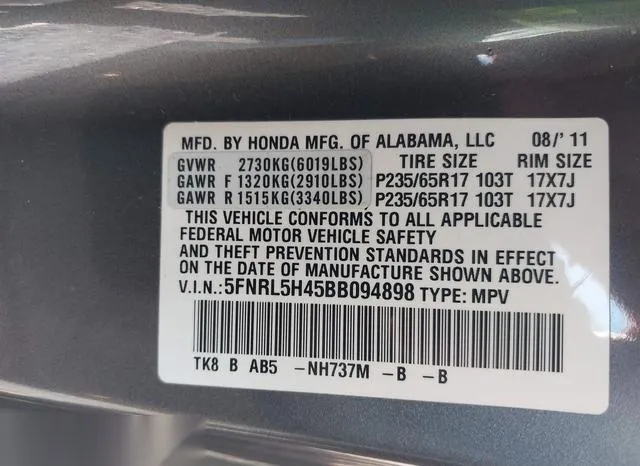 5FNRL5H45BB094898 2011 2011 Honda Odyssey- EX 9