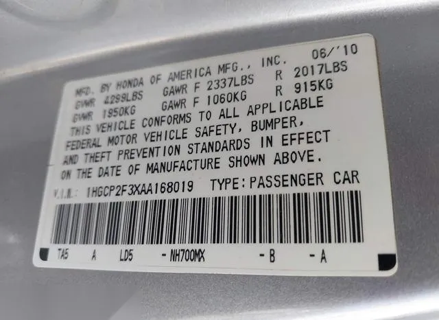 1HGCP2F3XAA168019 2010 2010 Honda Accord- 2-4 LX 9