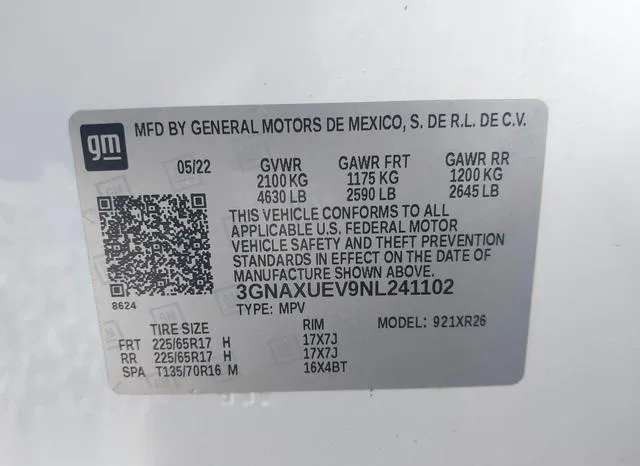 3GNAXUEV9NL241102 2022 2022 Chevrolet Equinox- Awd Lt 9